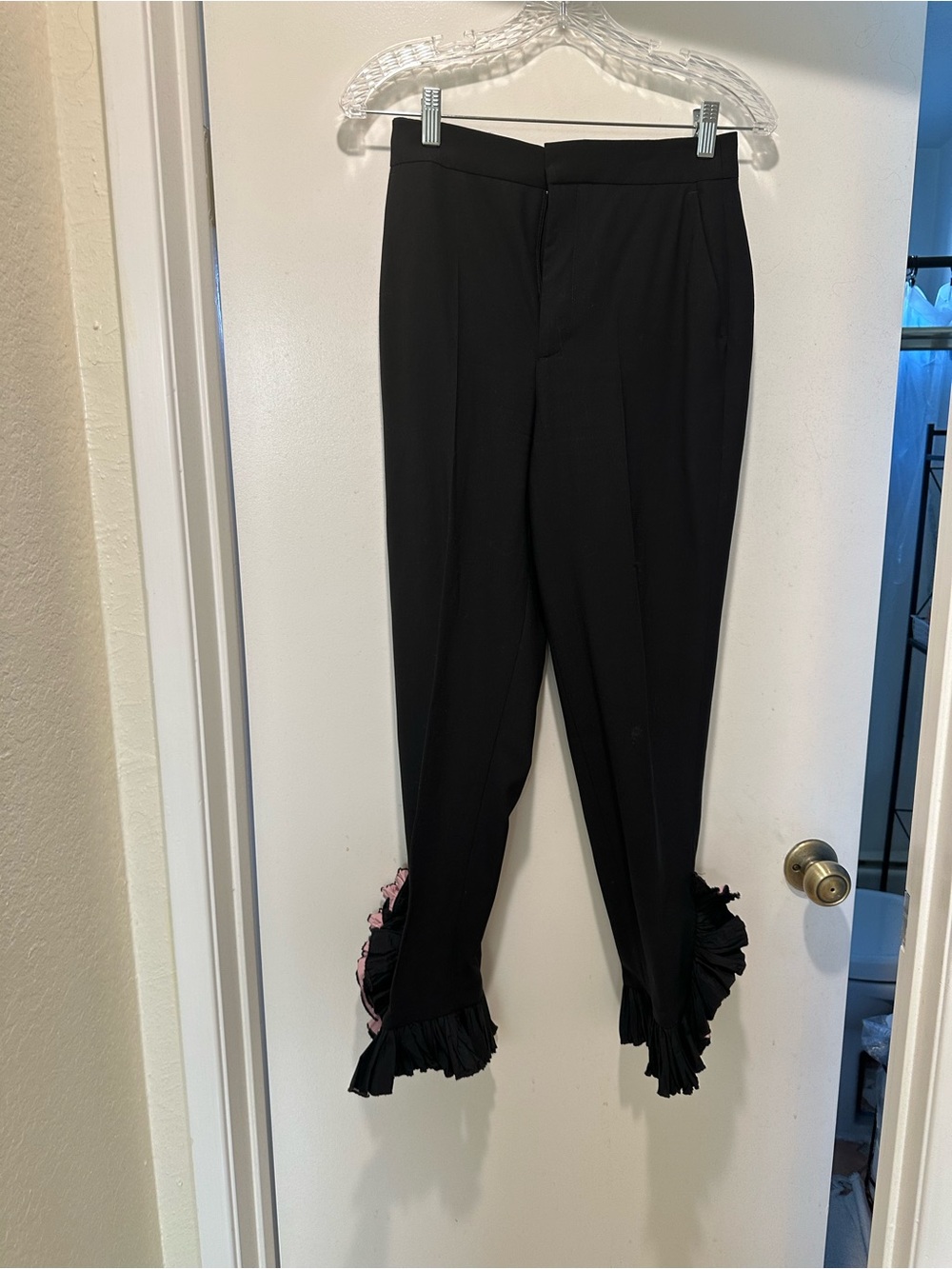 Zara Ruffle Hem Trousers w High Waist & Pink Trim Ruffles Size XS